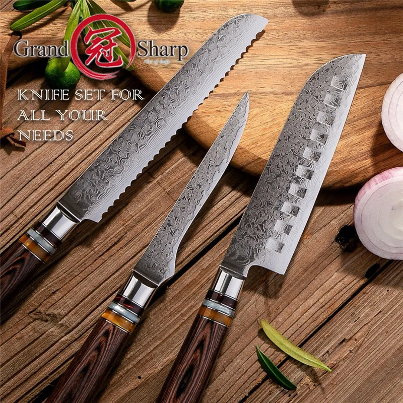

Grandsharp 3 Pcs Chef Knife Set vg10 Japanese Damascus Steel Santoku Bread Boning Knife Japanese Kitchen Knives 67 Layers Knives