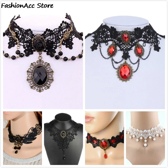 

Gothic Punk Style Necklace Gem Decoration Women Black Lace Beads Choker Collar Necklace Chocker Jewelry