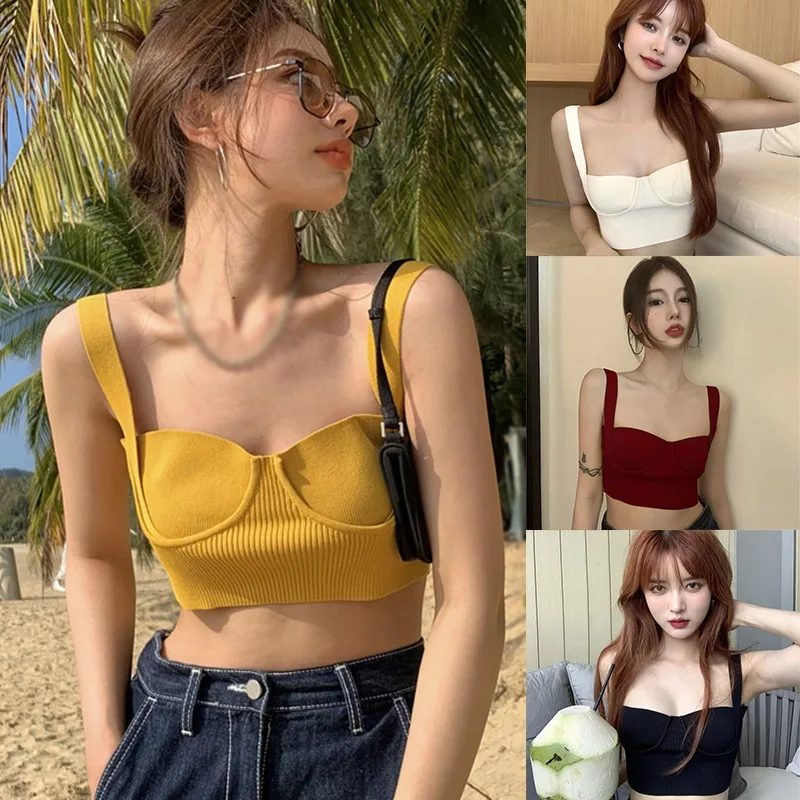 

Jlong Women Tanks Tops Solid Color Sexy Slim Knitted Sleeveless Square Collar Camisole