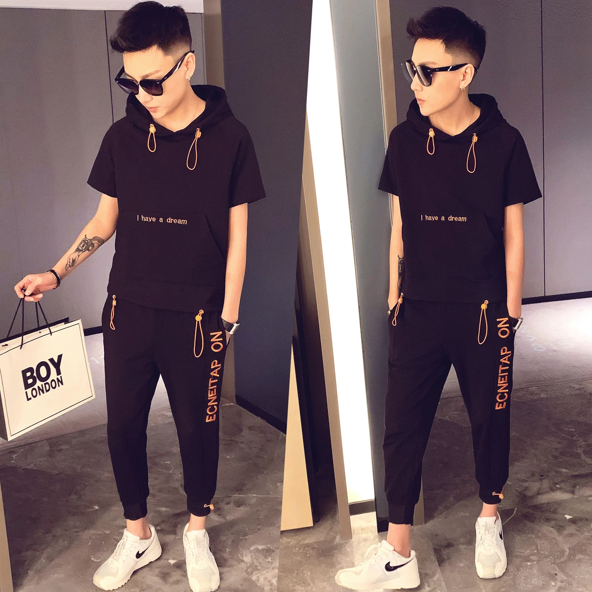 Print Track 2 Pieces Causal Hip Hop Set Short Sleeve T-shirt + Pant Moda Hombre Sweat Suit 2020 Spring Tracksuit Men | Мужская одежда