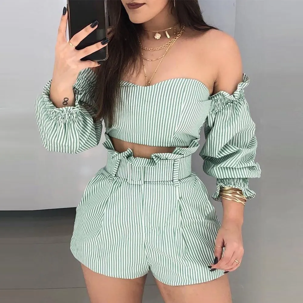 Striped Ruffles Sexy 2 Piece Matching Set Casual Women Clothes Slash Neck Crop Tops And Causal Shorts Plus Size Summer | Женская одежда