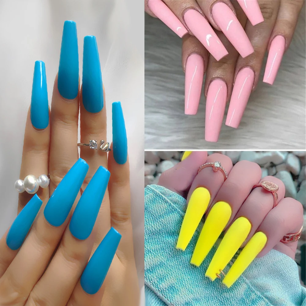 

100pcs/box Press on False Nails Extra Long Coffin Clear/Meat pink Stiletto Fake Nails Tips Full Cover DIY Acrylic Nails 14Colors