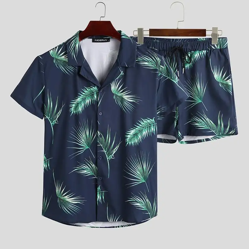 

Men Hawaiian Sets 2021 Short Sleeve Streetwear Shirt Casual Shorts Fashion Breathable Lapel Beach Men's Suit S-5XL