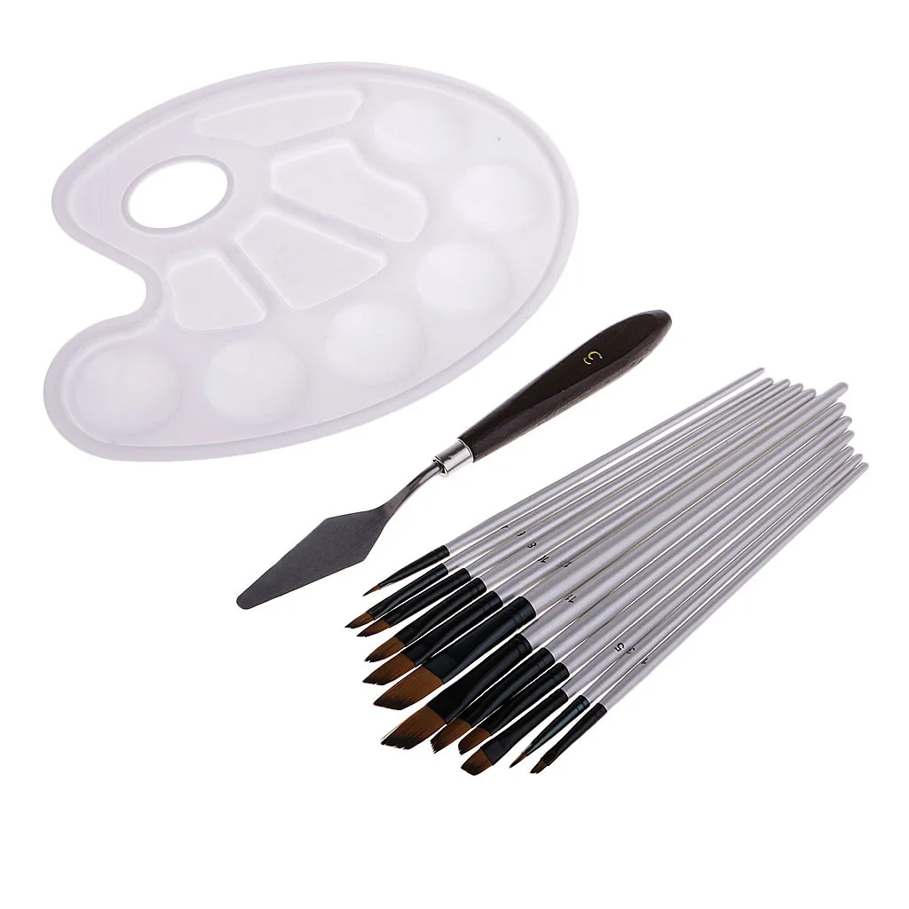 

12 Pieces Art Acrylic Oil Watercolor Artist Paint Brushes With Palette and Color