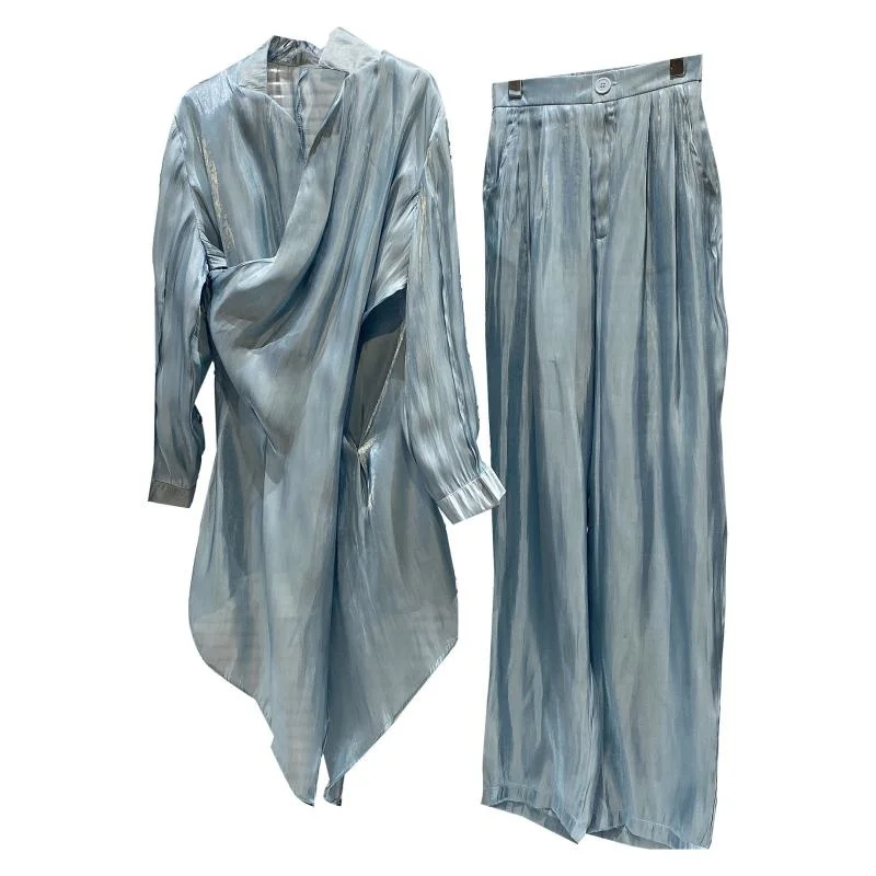 

Glass Fiber Cross Long Shirt + Loose Wide Leg Pants Air 2021 Summer New Two Piece Set