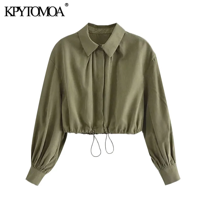 

KPYTOMOA Women 2021 Fashion Loose-Fitting Cropped Blouses Vintage Long Sleeve Adjustable Hem Female Shirts Chic Tops