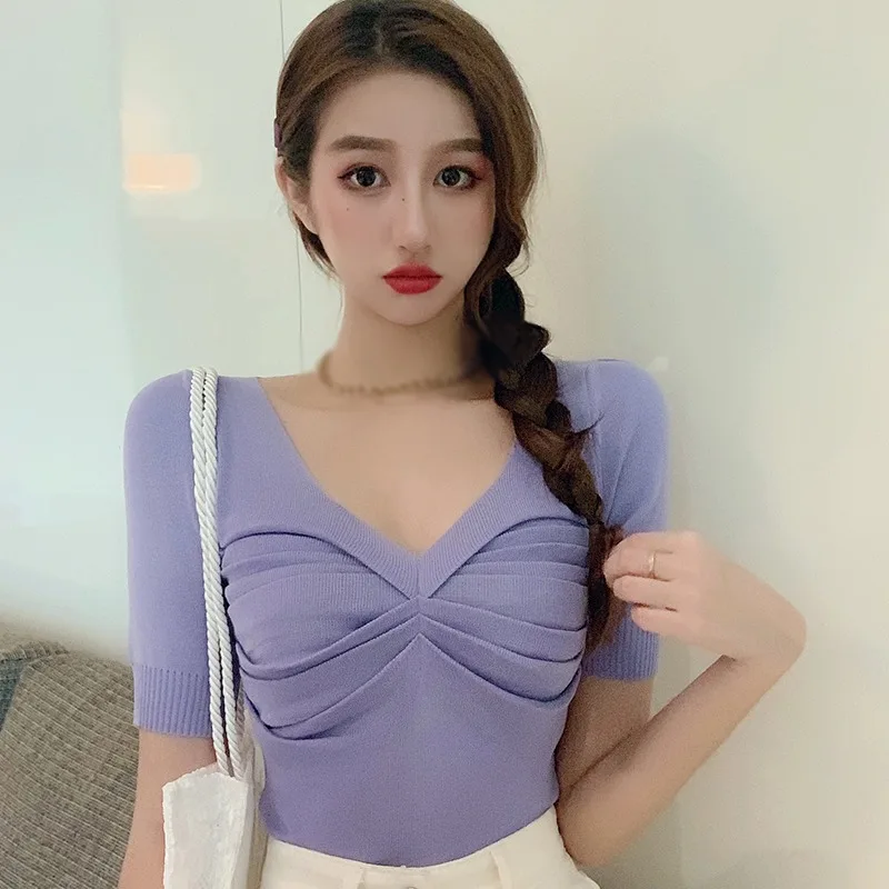 

Women V-neck T Shirt Short Sleeve Knited Short Top Soid Color Tops Women Solid Color Tee Shirt