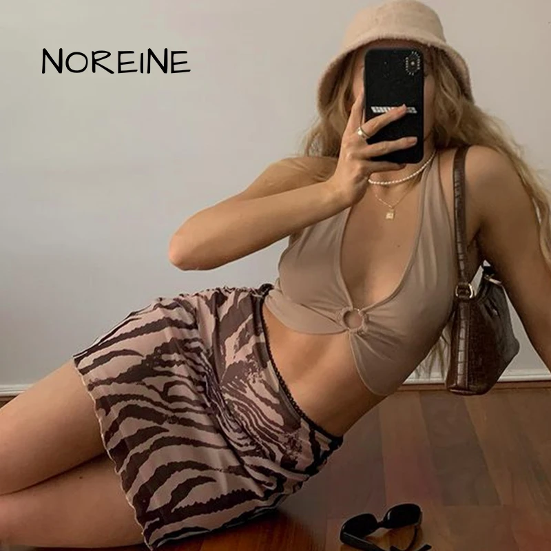 

NOREINE Brown Skirt Y2K Summer 2021 New Vintage Zebra Print Sexy Mini Bodycon Double Layer Women Skirts