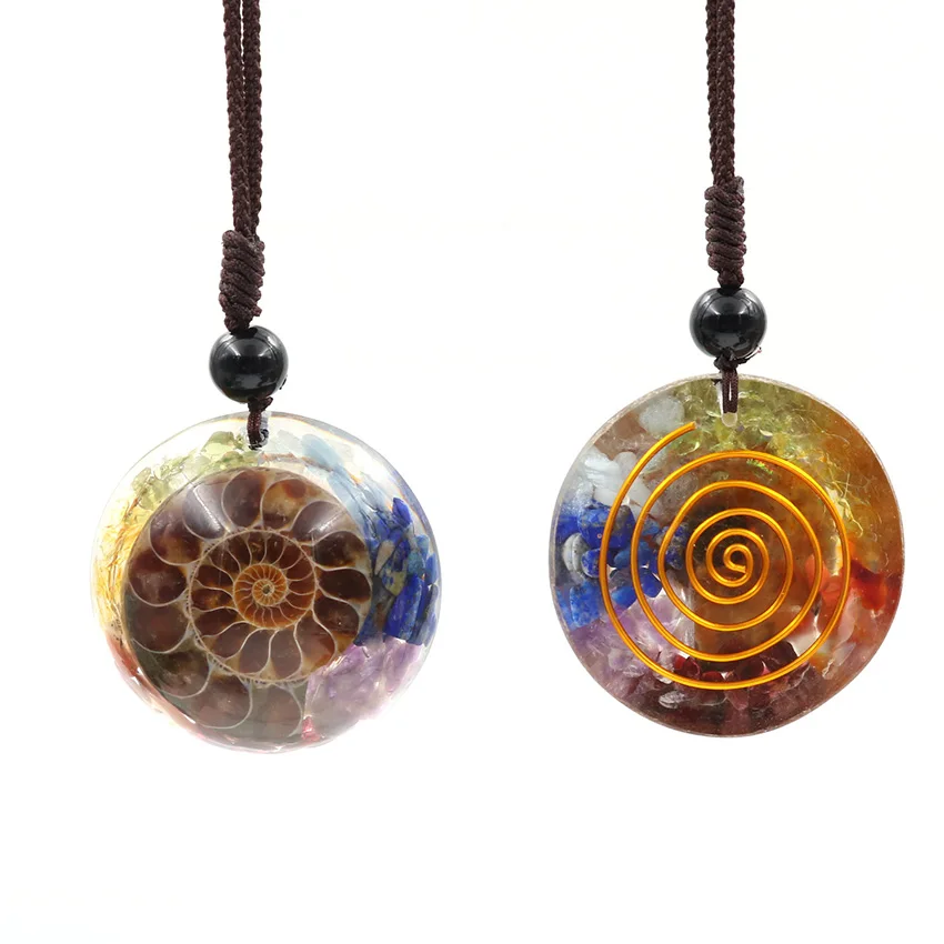 XSM натуральный Раковины Смолы Кулон Ожерелья 7 Чакра чипы камни спираль аммонит