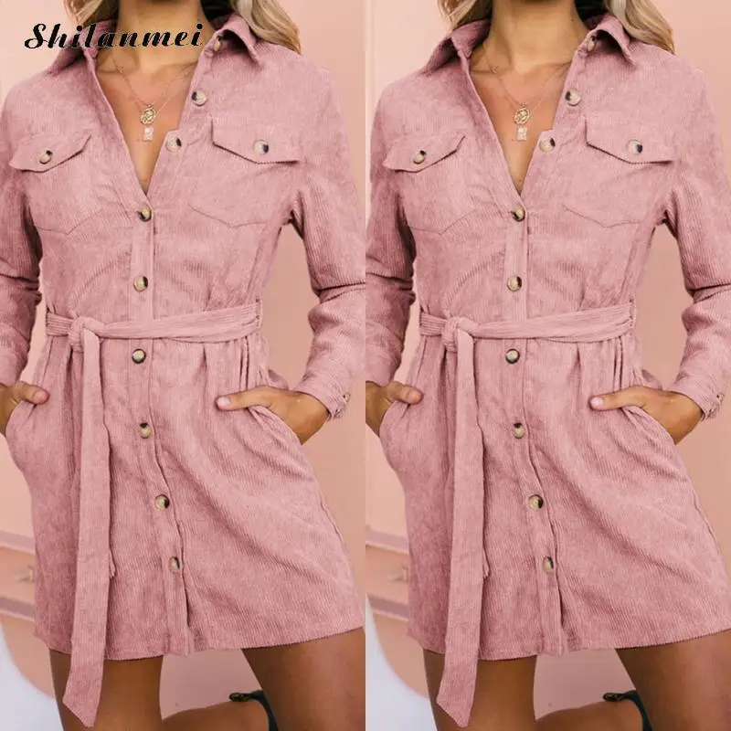 Женское вельветовое платье рубашка повседневное плотное винтажное трапеция с