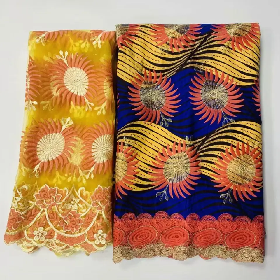 

6Yards Beautiful Cotton Fabric Printed Pattern And African Water Soluble Match 2Yards French Net Lace For Dressing LG19
