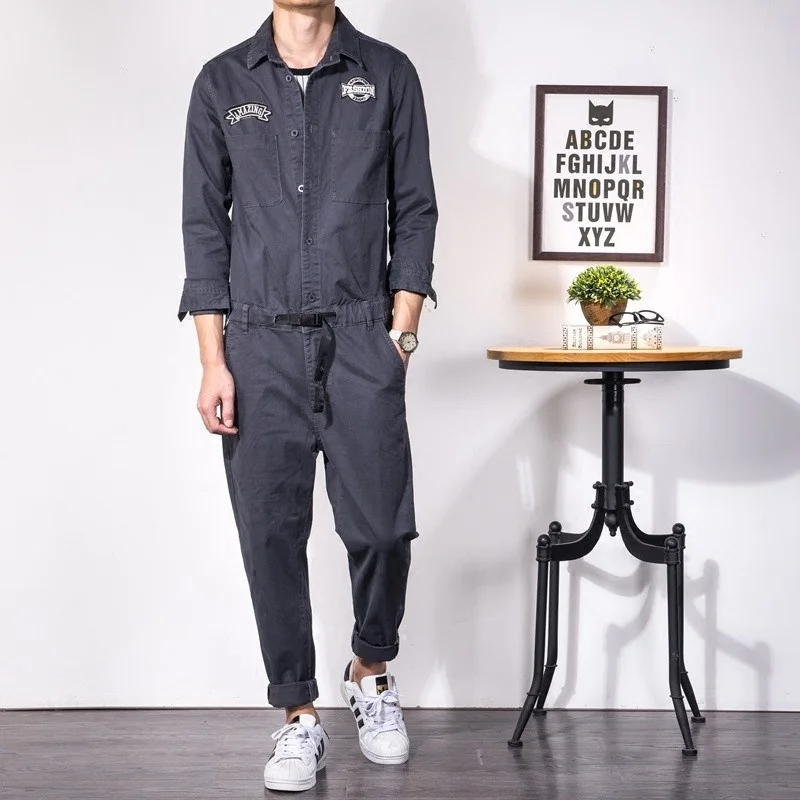 

Long Sleeve Overalls Mens Jumpsuits Casual Vintage Korean Designer Fashion Clothes Men Spring Fall Jumpsuits Rompers Big Size