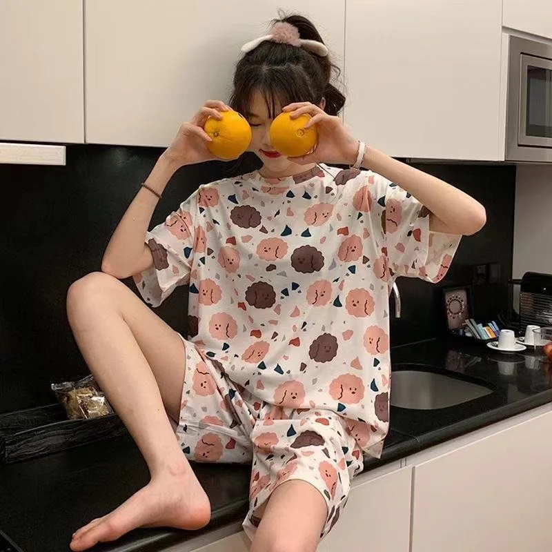 

Qweek Cartoon Print Pajamas for Teen Girls Summer Night Homesuit Japanese and Korean Style Kawaii Pijamas Pyjamas Home Clothes