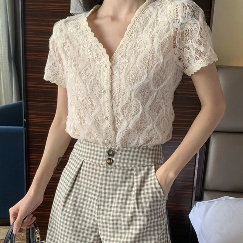 

Blouse Elegant Lace Short Sleeve Blouse Sexy V-Neck Tops Summer Women Casual Blouse Tops