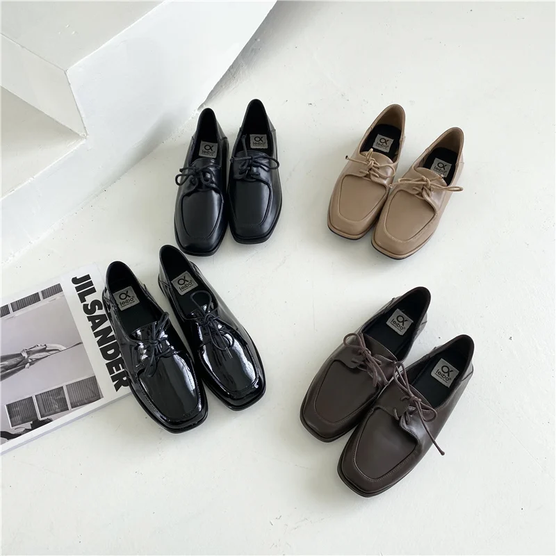 

Women Flats Loafers Lace Up Square Toe Shoes Leather PU Patchwork Oxford Shallow Cross Strap Slides Comfortable Zapatos De Mujer