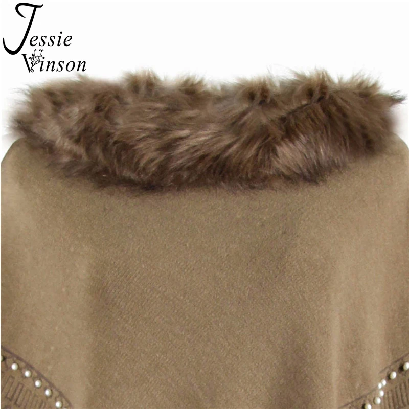 Jessie Vinson Warm Fur Collar Tassels Beading Pullover Sweater Women Winter Elegant Cape Autumn Knitted Cloak Knitwear | Женская одежда