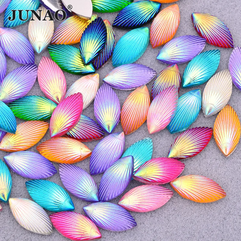 JUNAO 200pcs 7x15mm Glitter Mix Color AB Shell Rhinestone Horse Eye Resin Stones Applique DIY Decoration Crystal Stickers