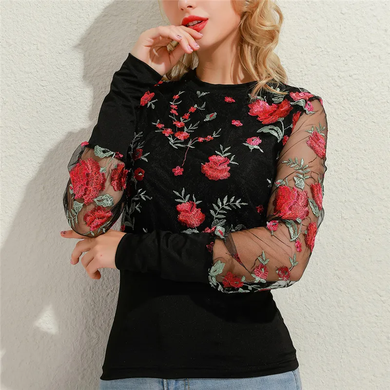 

New Embroidery Floral Sheer Mesh Sleeve Blouse Shirts Women 2021 Spring Patchwork Pullovers Elegant Sexy See Through Tops