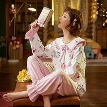 Spring And Autumn Cotton Pajamas Full Sleeves Sweet Loose Recreational Household Set