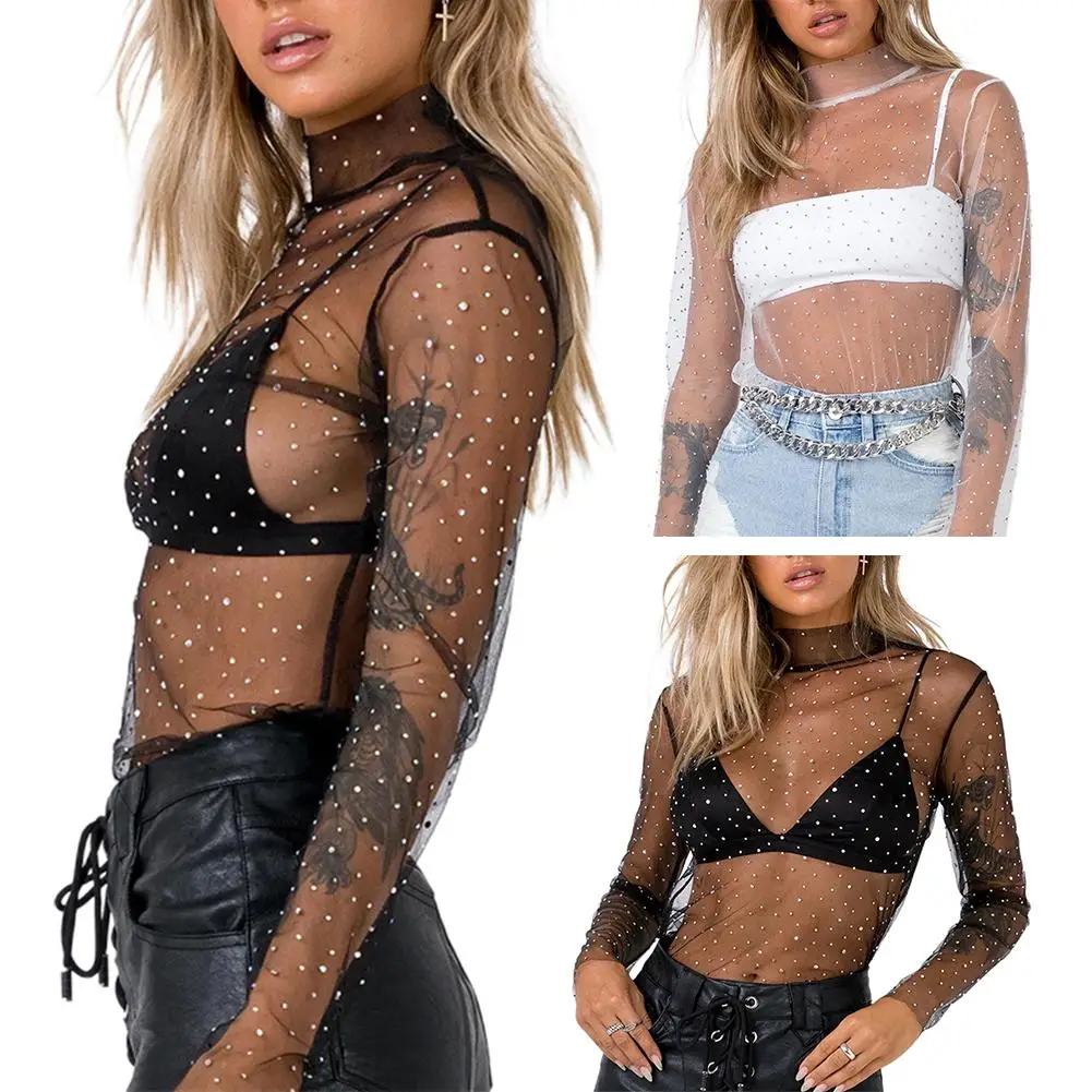 

Women Sexy Long Sleeve Turtle Neck Shiny Sequins Sheer Blouse Bottoming Top