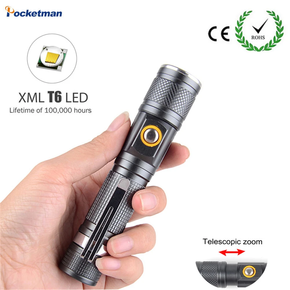 

Portable high Lumens Zoomable T6 Flashlight Waterproof 3 Modes Tactical Direct Charging Mini Aluminum Torch Use 18650 Battery