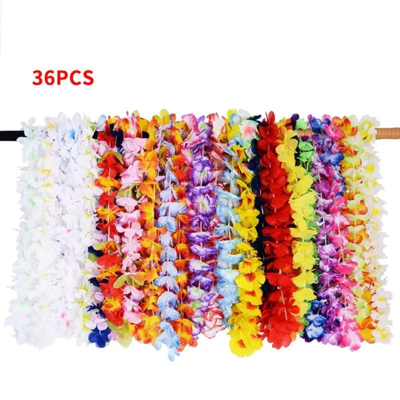 

36 Counts Hawaiian Flower Leis Artificial Floral Necklace Garland Vibrant Colors Assortment Luau Dance Party Favors