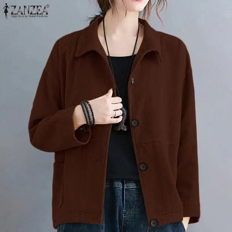 

ZANZEA Women Vintage Jackets Autumn Casual Lapel Neck Buttons Corduroy Outwear Loose Shirt Tunic Tops Long Sleeve Solid Cotas