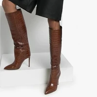 sexy snakeskin leather knee high boots stiletto heels pointed toe winter tall boots brown pink python printed high boots