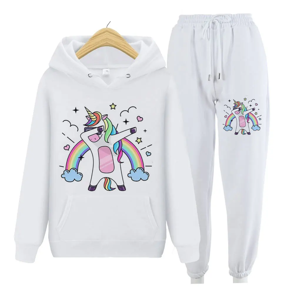 

Hoodie Unicorn Print Pattern 2021 Shirt Autumn And Winter Women's Track Suit Cotton Suit 2-Piece Hooded Sweater And Pants Suit