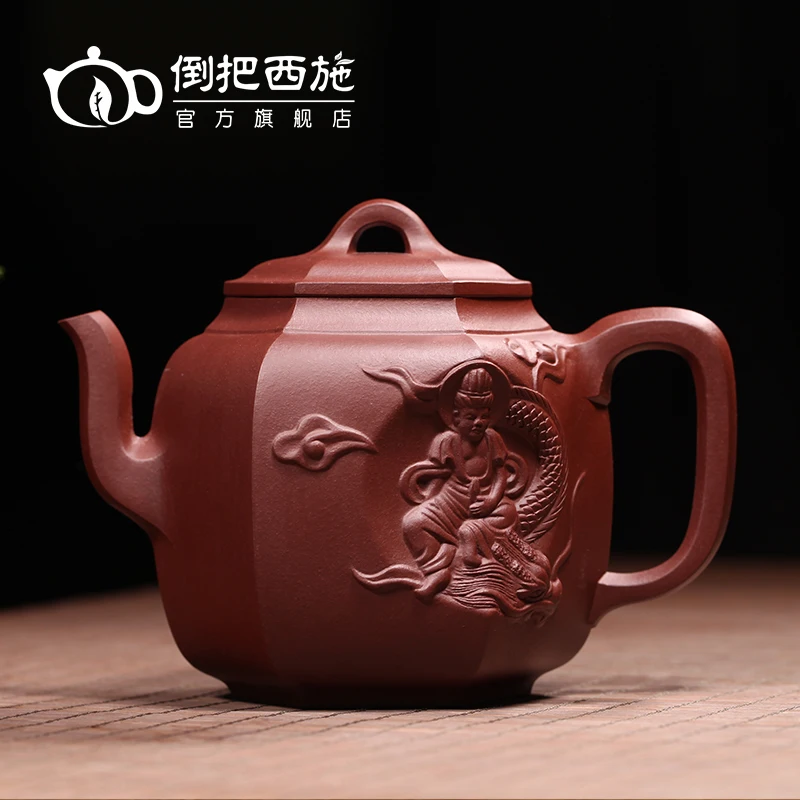 

★High tech] Yixing famous mine purple clay teapot hand carved Teapot Tea Set purple clay six square Buddha light