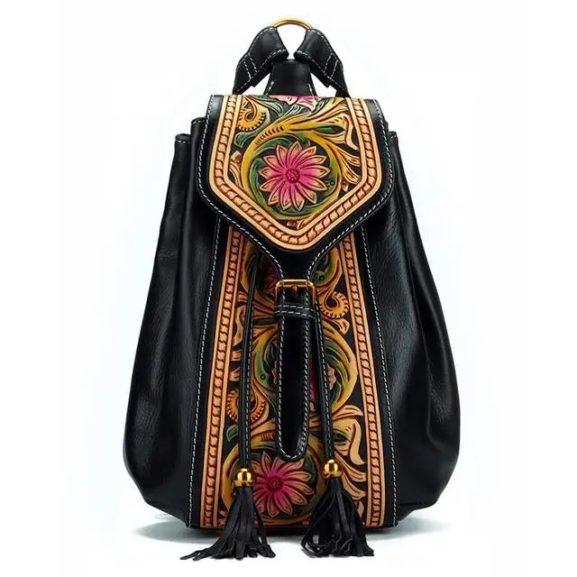 

Genuine Leather Women Backpack 2021 New Retro National Style Handmade Carving First Layer Cowhide Bag Travel Backpacks