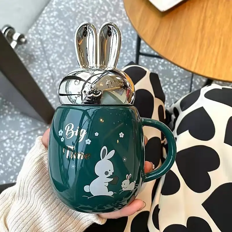 

Ceramic Sealed Mugs with Rabbit Ear Lids Cute Korean Water Bottle Tea Coffee Cups Milk Breakfast Fresh Drinkware Tumbler Kettle