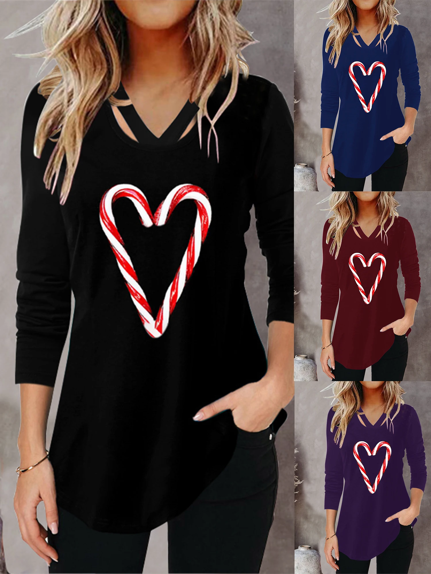 

Women T-Shirt Long Sleeve V Neck Autumn Spring Heart Printed Cute Ladies Blouses Tee Shirt Fashion Casual T-Shirt