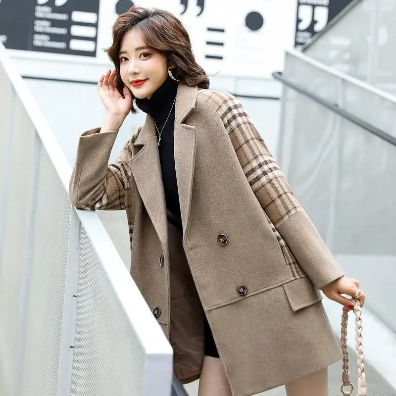 Осенне-зимнее Новое корейское модное свободное шерстяное пальто-кокон в клетку |