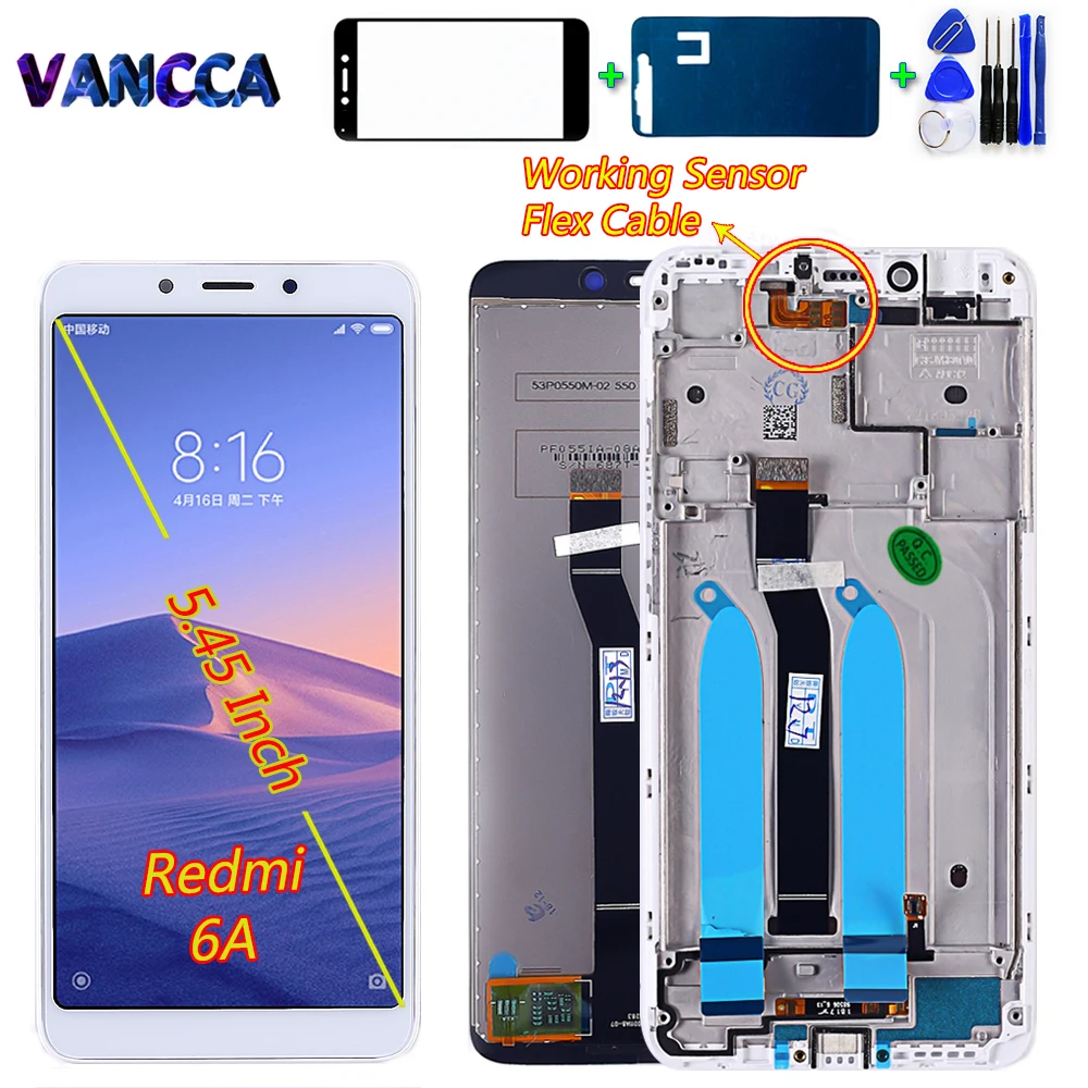 Vancca LCD Display For Xiaomi Redmi 6A / Redmi 6 touch screen Digitizer Assembly Frame with Free Tempered Glass and Tools