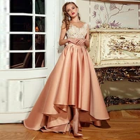 fashionable tulle satin bateau neckline high low prom dress with lace appliques champagne and orange sexy evening gowns party