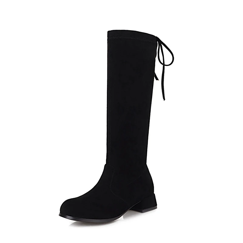 

ANNYMOLI Med Heel Knee High Boots Woman Boots Block Heel Long Boots Lace Up Round Toe Ladies Shoes Autumn Winter Black Size 39
