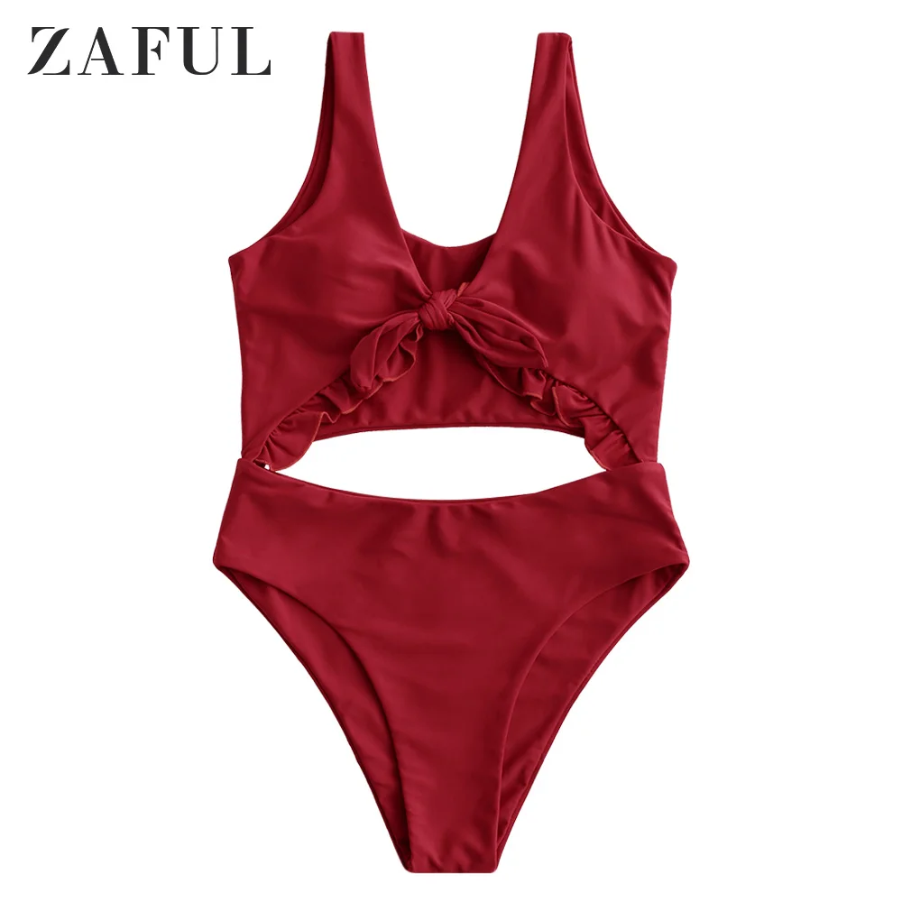 Цельный купальник ZAFUL с узелком и рюшами слитный завязками спереди вырезами на