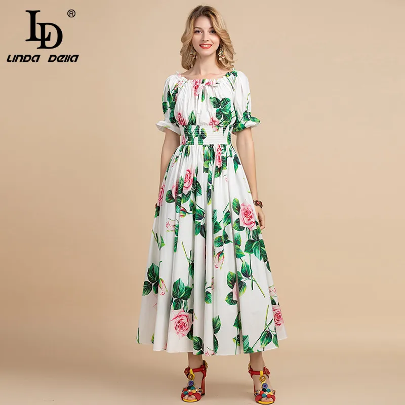 

LD LINDA DELLA Summer Fashion Designer Cotton Dress Women's elastic Waist Rose Floral Print Holiday white Elegant Dresses