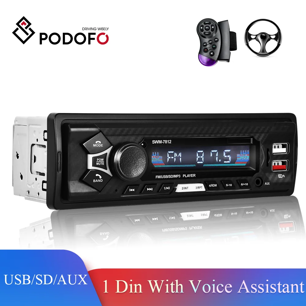 

Podofo 1Din Bluetooth Car Radio USB/SD/AUX MP3 Player With Voice assistant Remote Control 1Din Digital Stereo