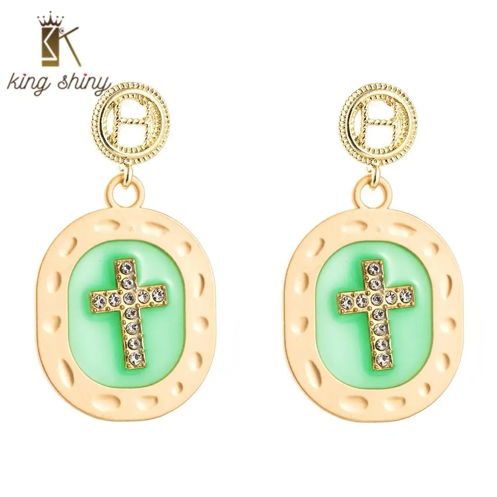

Trendy Gold Color Statement Dangle Earrings for Woman Luxury Dropping Oil and Rhinestone Cross Square Woman Party Drop Earrings