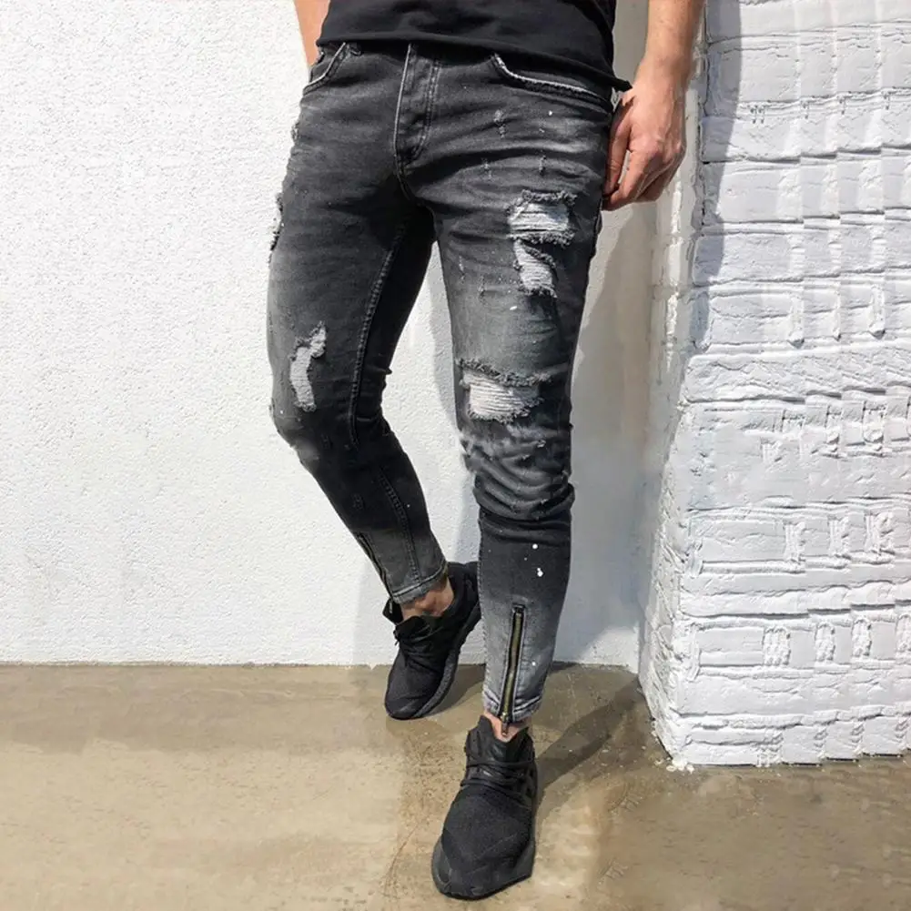 2021 Stylish Men Jeans Comfortable Breathable Mid Rise Skinny Fashion Ripped Holes Zipper Pencil Pants Trousers for Daily Wear