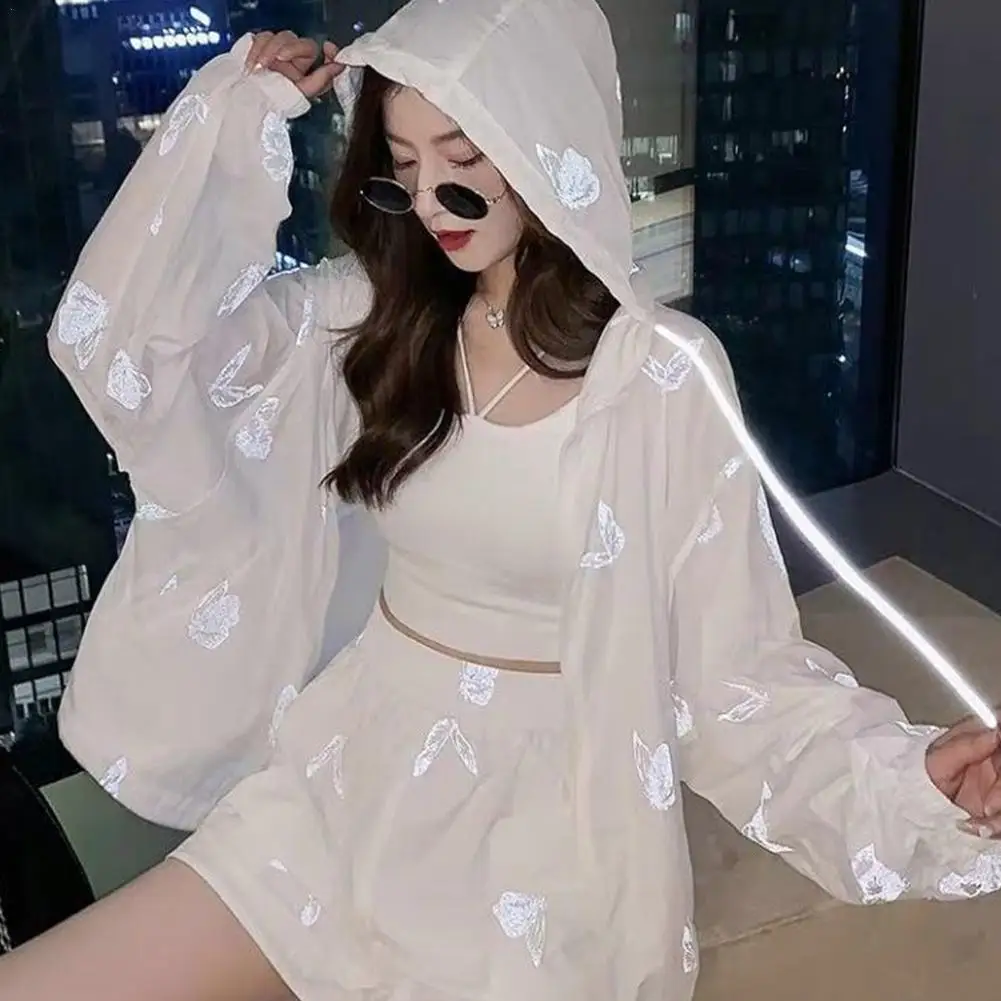 

Women White Reflective Printed Hooded Top Piece Long Sunscreen Pant Short Two Sportswear Sleeveless And Su G8G1
