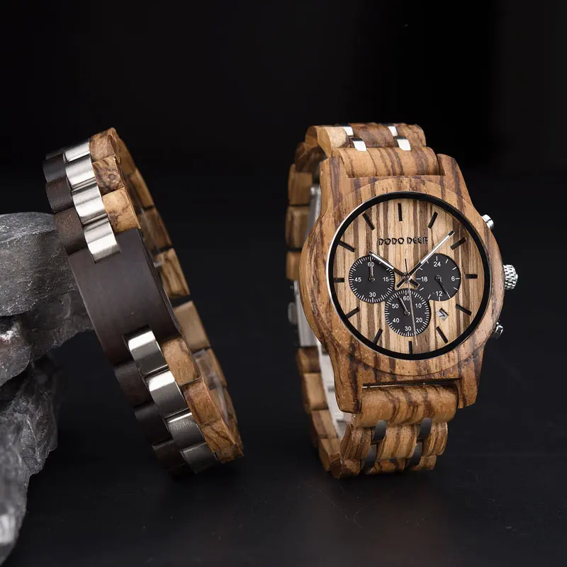 

Мужские деревянные часы DODO DEER, браслет из нержавеющей стали, модные аксессуары, хронограф, календарь, деловой подарок на день рождения