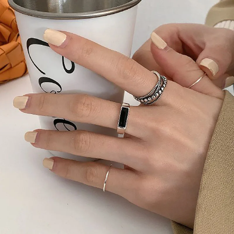 

Evimi INS Fashion 925 Stamp Silver Finger Rings For Women Couples New Trendy Black Drop Glaze Vintage Punk Party Jewelry