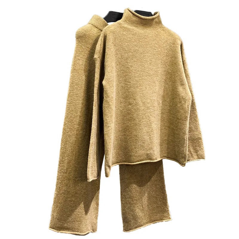 

Womens Oversized Long Sleeve Waffle Knit Tunic Sweater Tops + wide leg pants outfits A233