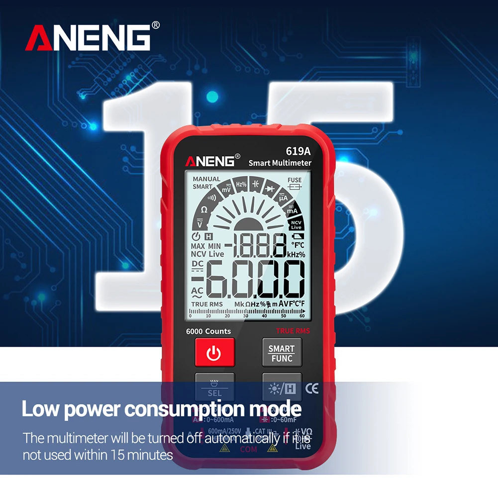 

ANENG 619A 6000 COUNTS LCD Smart Digital Multimeter AC/DC Voltage Current Capacitor Transistor True RMS Tester