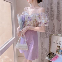 women purple dress patchwork embroidery party mini vintage floral fairy dress irregular split off shoulder sexy strap dress 2021