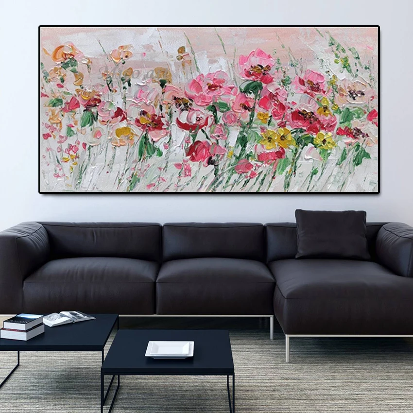 

Frameless Hand Painted Knife Pink Flowers Oil Painting On Canvas Large Palette 3D Paintings For Living Room Modern Abstract Art