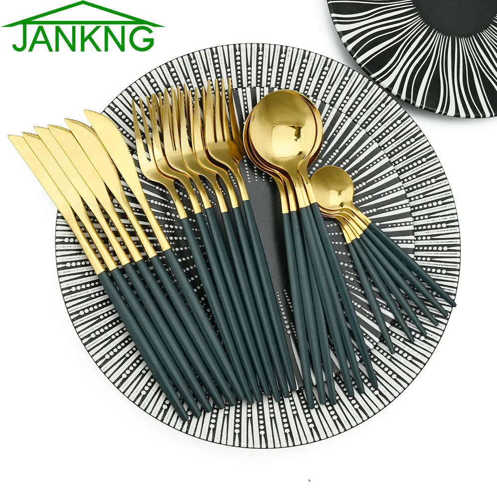 24Pcs Stainless Steel Dinnerware Set Kitchen Green Gold Cutlery Knife Fork Spoon Flatware Tableware Minimalist Silverware | Дом и сад